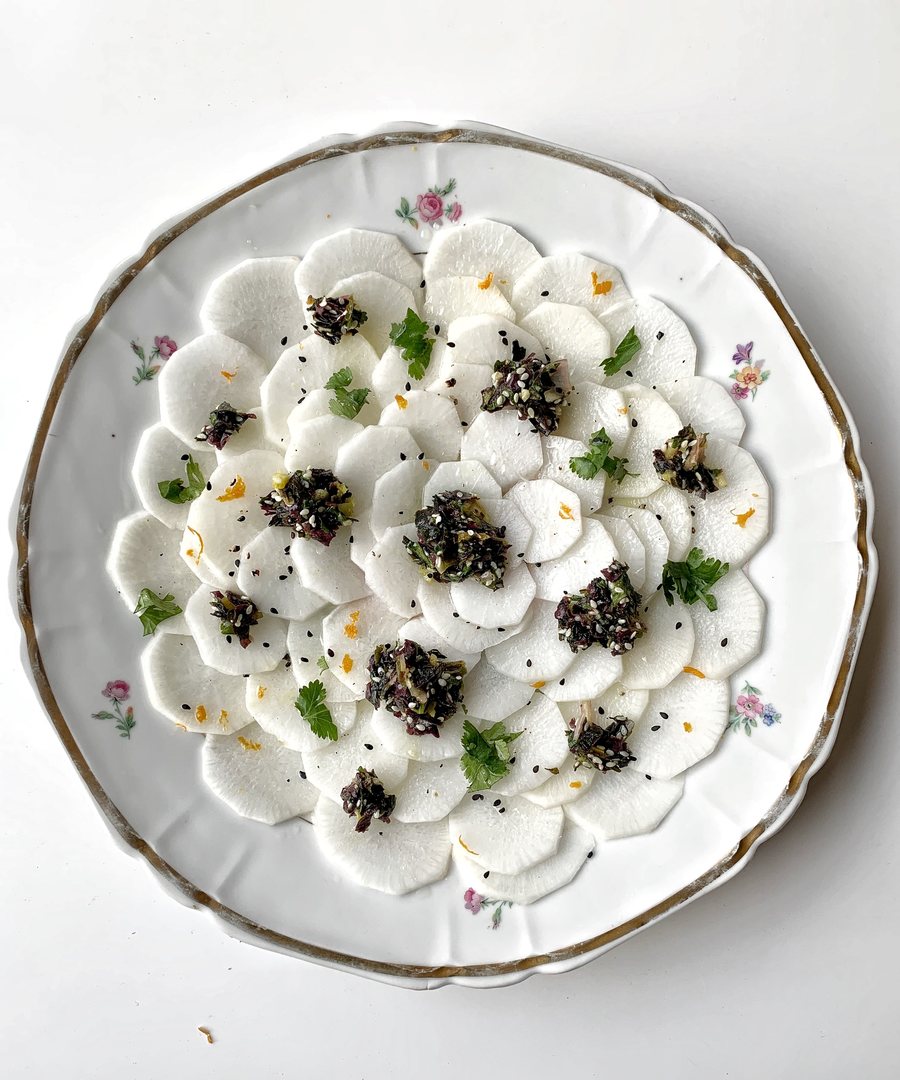 Rosace de radis « daikon » aux agrumes