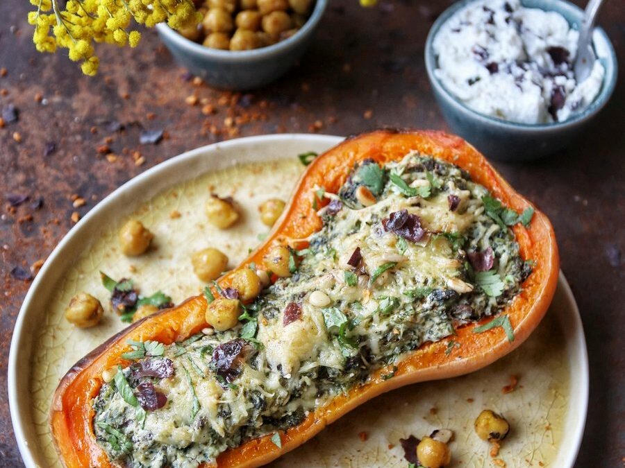 Butternut farcie aux épinards, ricotta, noix et Dulse